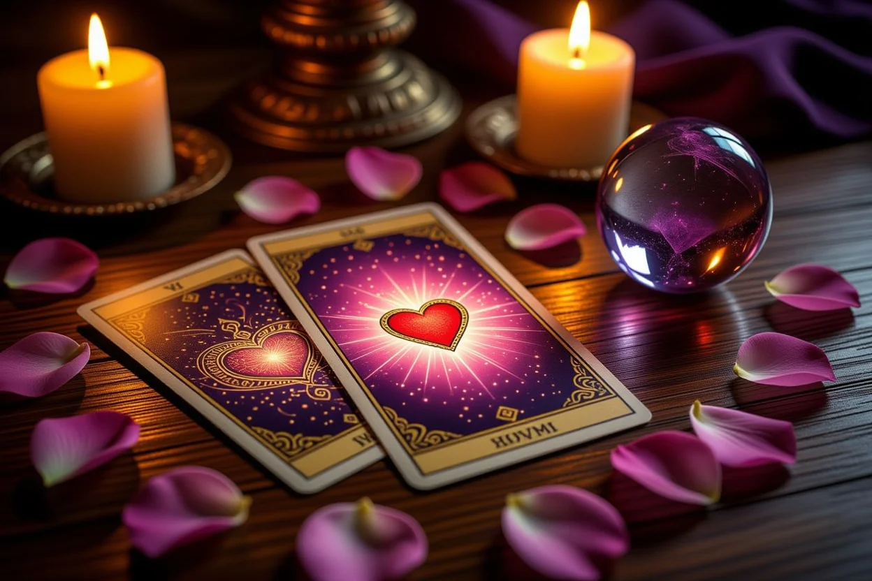 恋愛の価値観を探るタロットカード占いのイメージ、キャンドルライトと薔薇の花びら