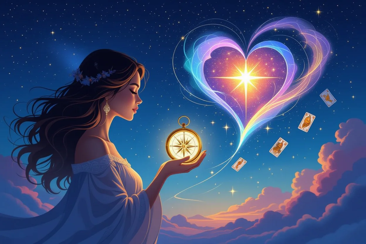 恋愛における内なる価値観と方向性を示す神秘的なコンパスと星空のイラスト