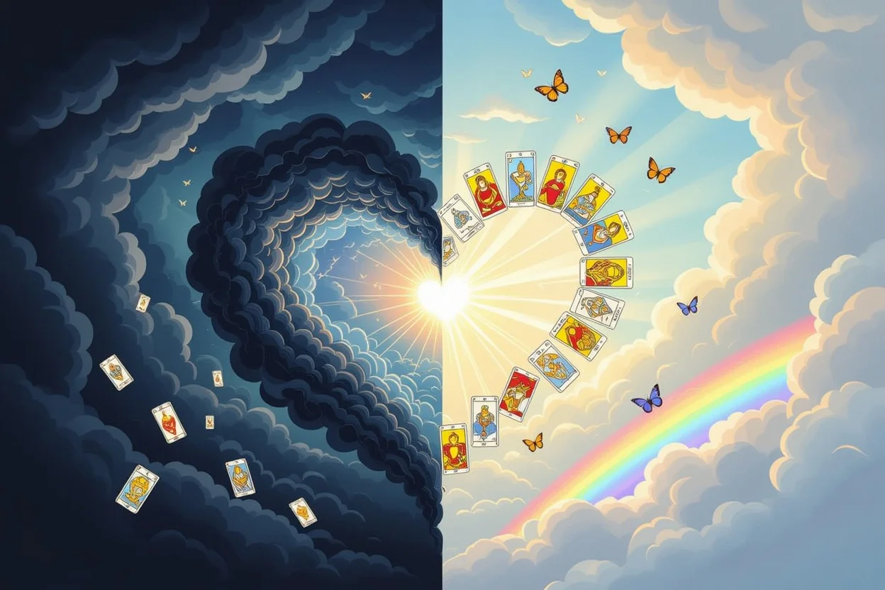 恋愛における混乱から明晰さへの変化を表現するタロットカードのアート