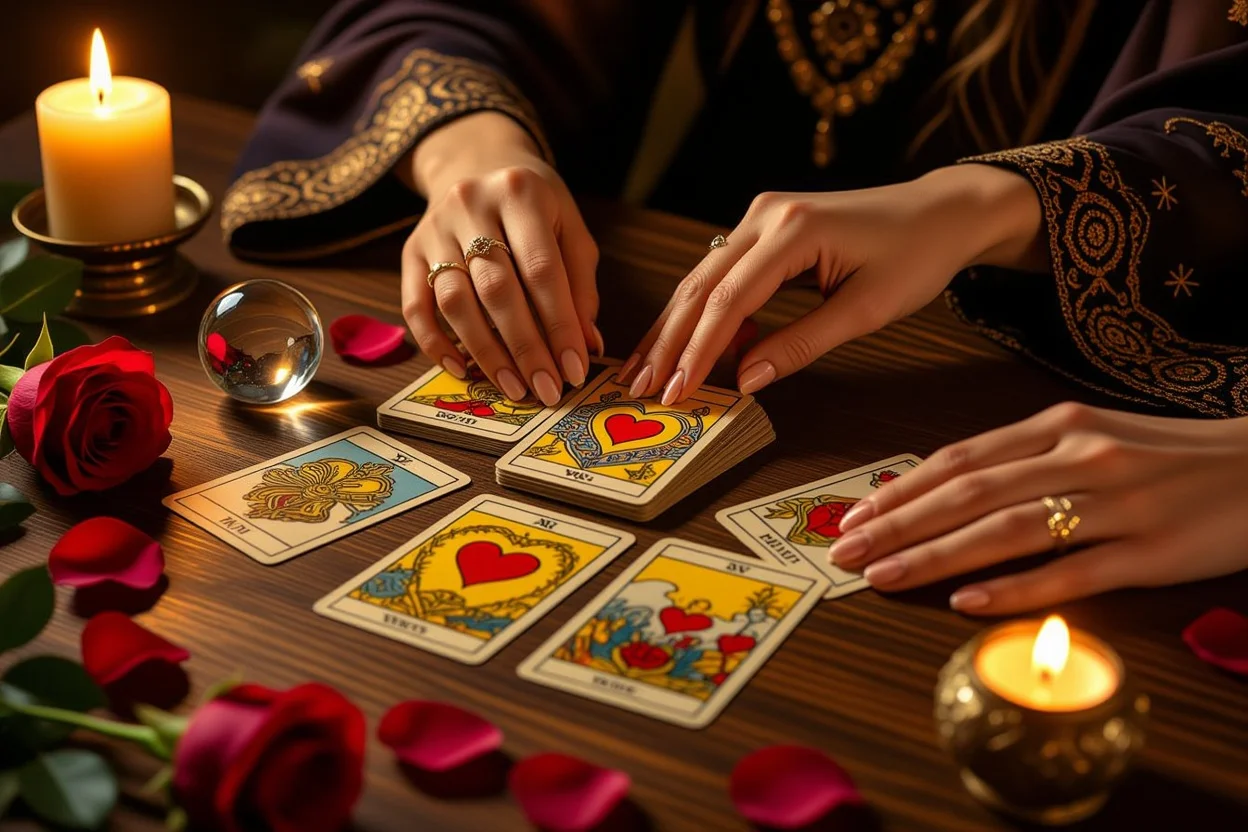 恋愛タロット占いの神秘的なシーン、キャンドルに照らされたタロットカードと薔薇の花びら