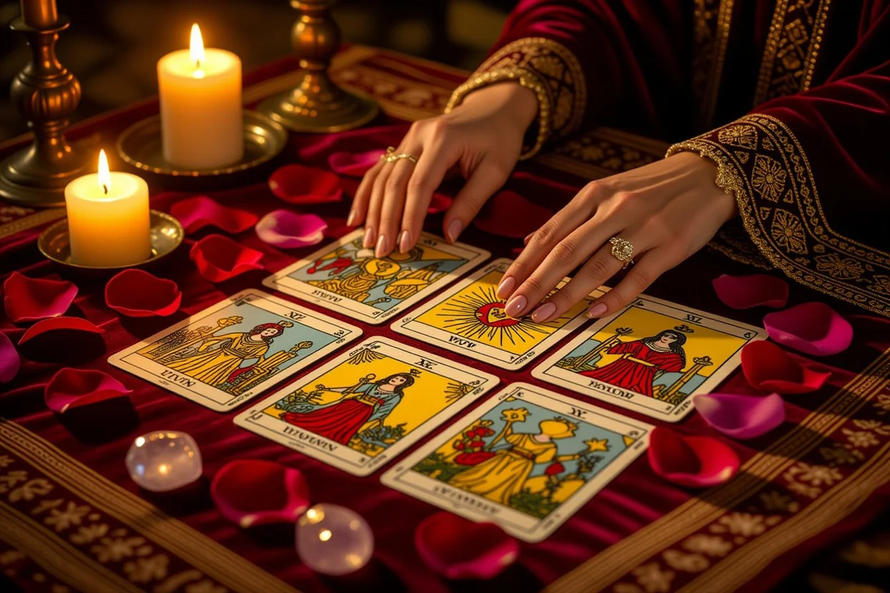 恋愛タロット占いのイメージ、キャンドルと薔薇の花びらに囲まれたタロットカード