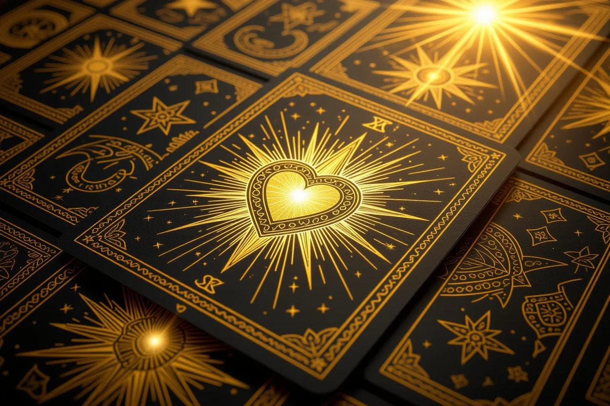 困難なタロットカードが成長への宝の地図に変わるイメージ、光の道筋で結ばれたカード