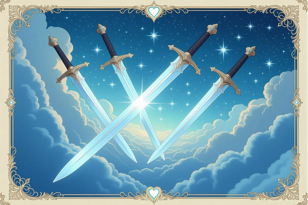 ソードのスートカード、真実への探求と自己受容を表現する神秘的なイメージ