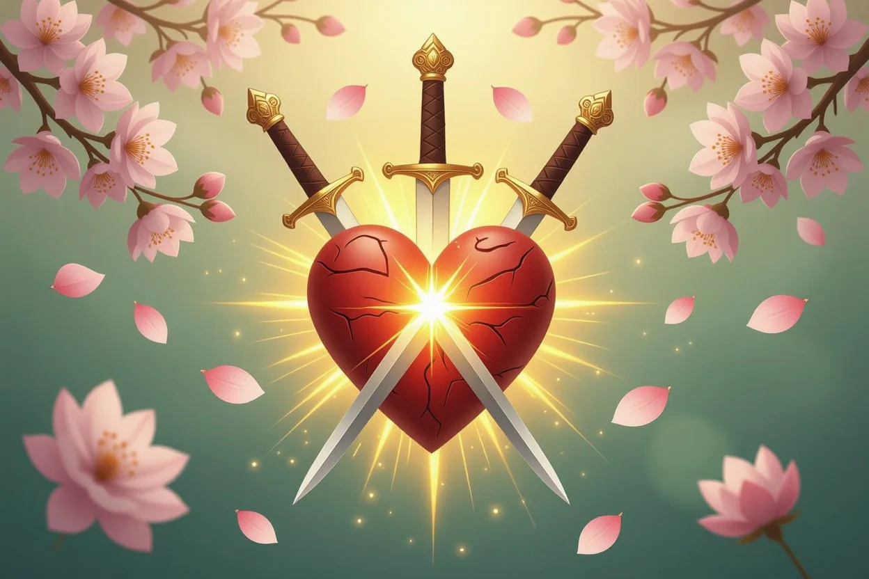 ソードの3のカード、心の傷から癒しと再生へのプロセスを表現するタロットイメージ