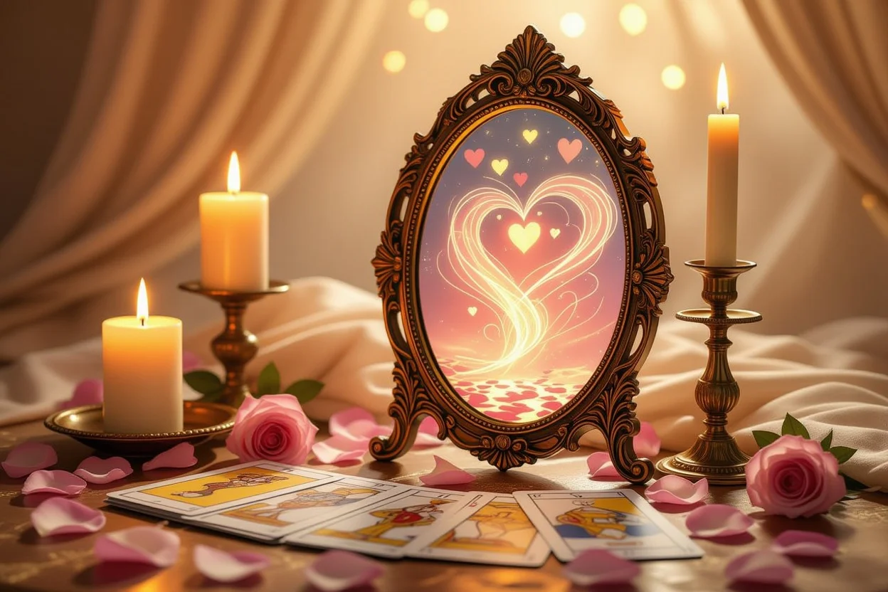 恋愛タロットカードと鏡による自己発見と内面の探求を表現した神秘的なイメージ