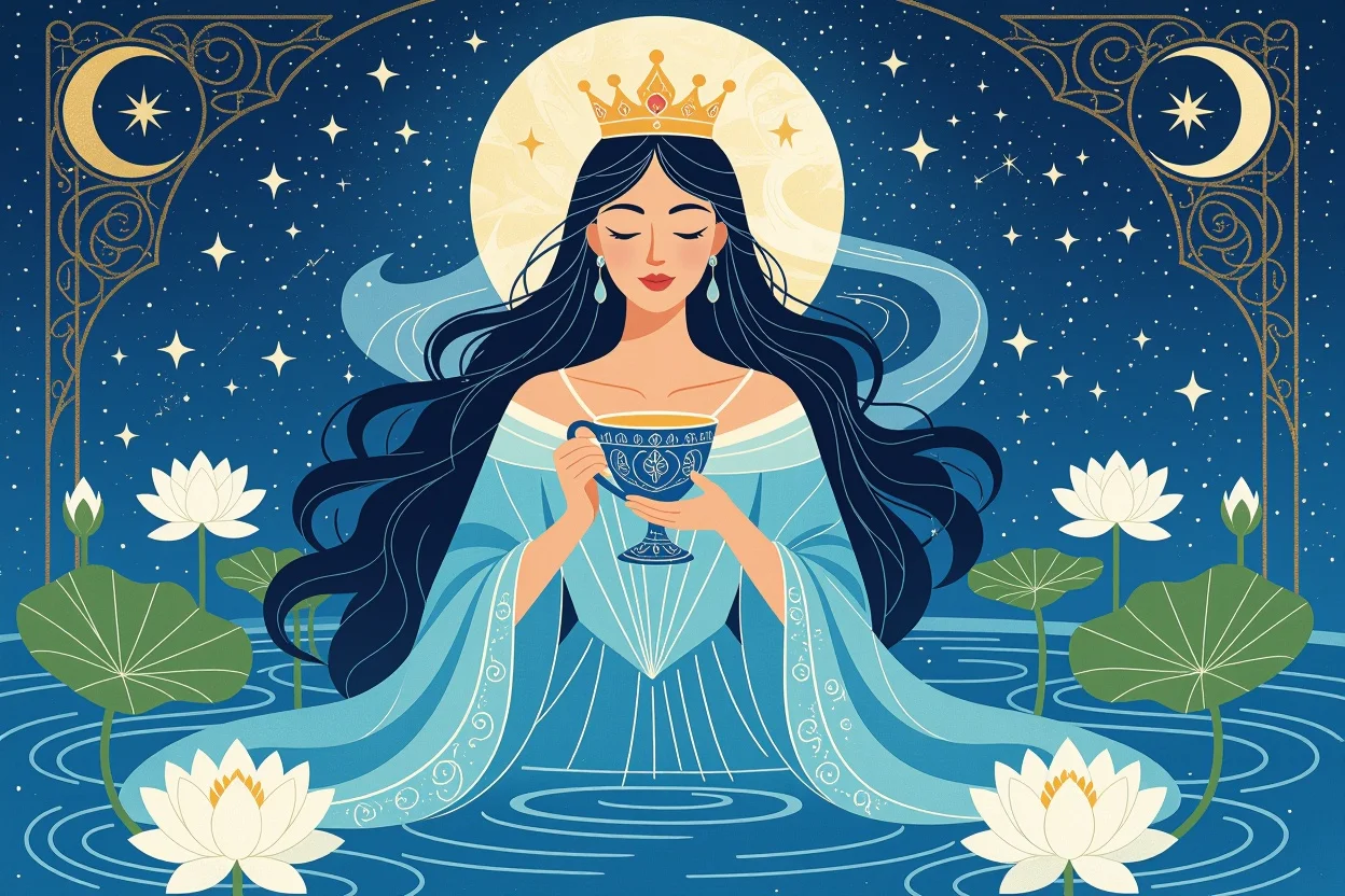 カップのクイーンタロットカードと感情的な知恵を象徴する女性的エネルギーの神秘的表現