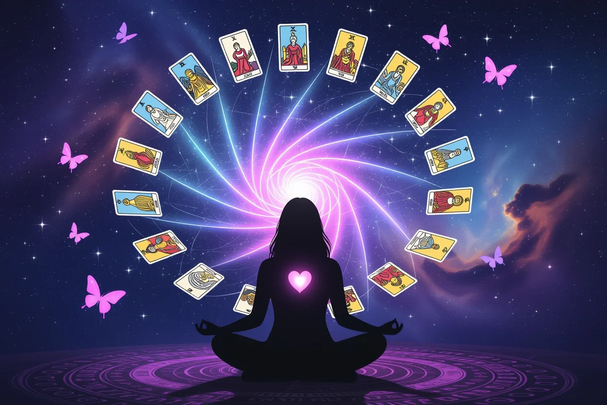 タロットを通じた自己愛と内なる対話による恋愛の変容を表現したスピリチュアルなイメージ