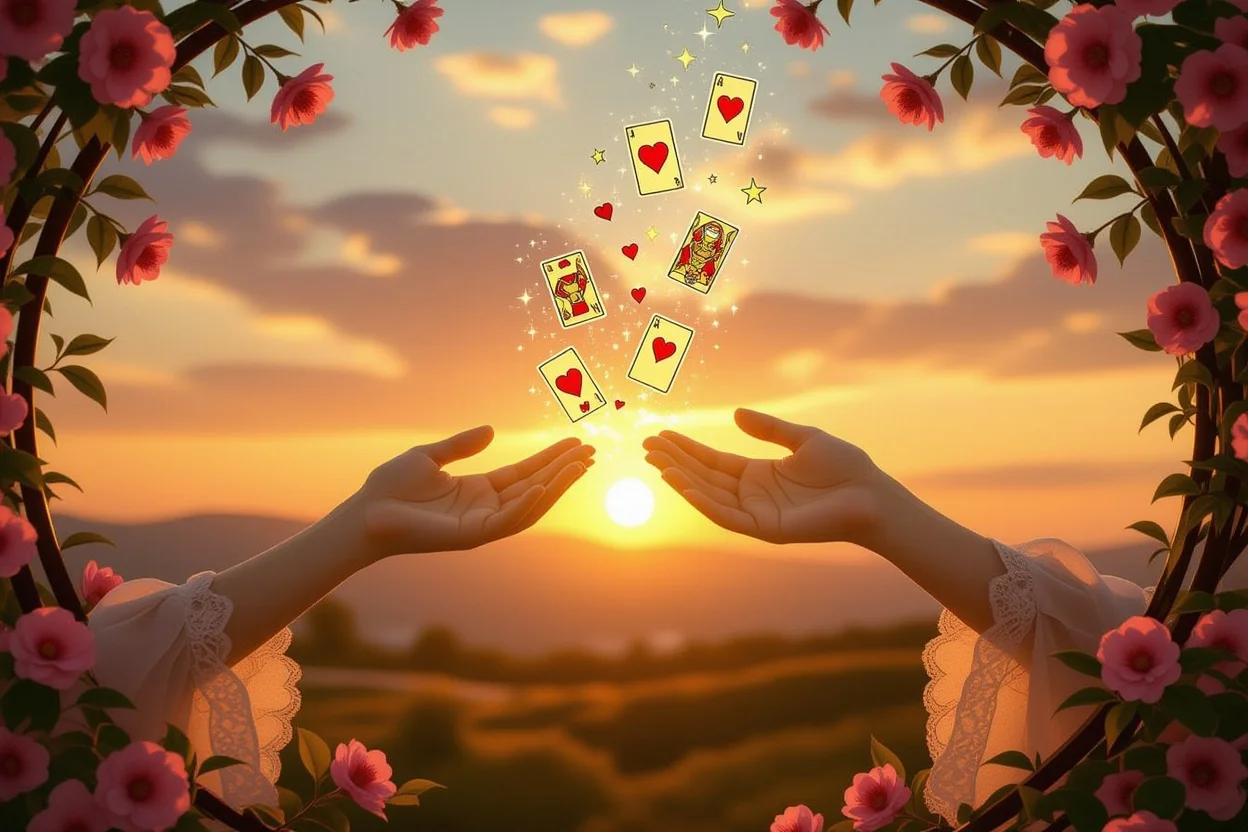 真の自分との出会いから生まれる本物の愛を表現したタロットと恋愛の神秘的なイメージ