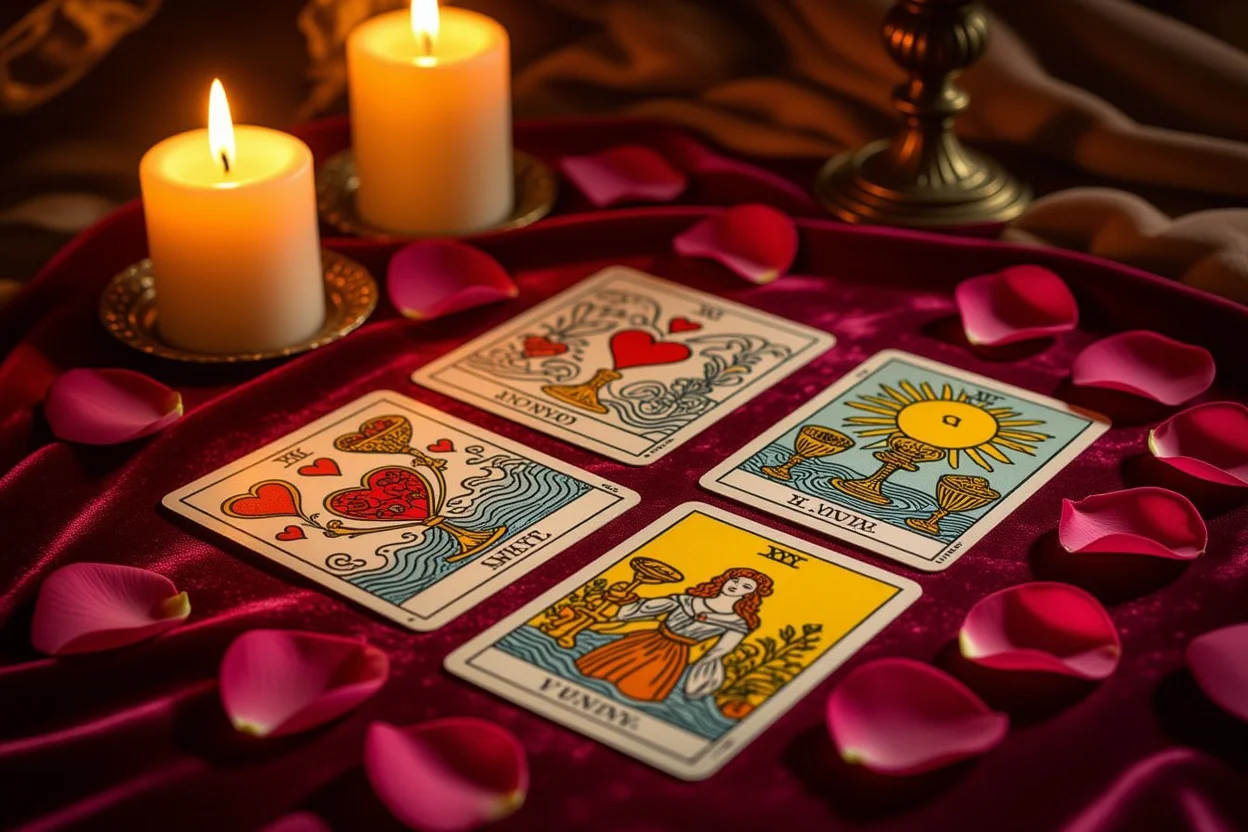 恋愛タロット占いのマイナーアルカナカードと薔薇の花びら