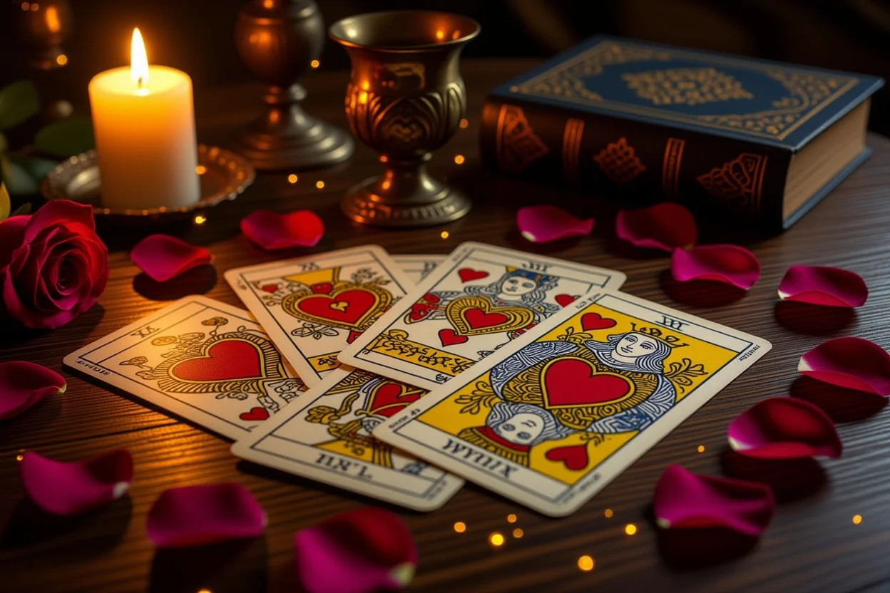 恋愛タロット占いカードが広げられた神秘的なテーブル、ろうそくの明かりとバラの花びら