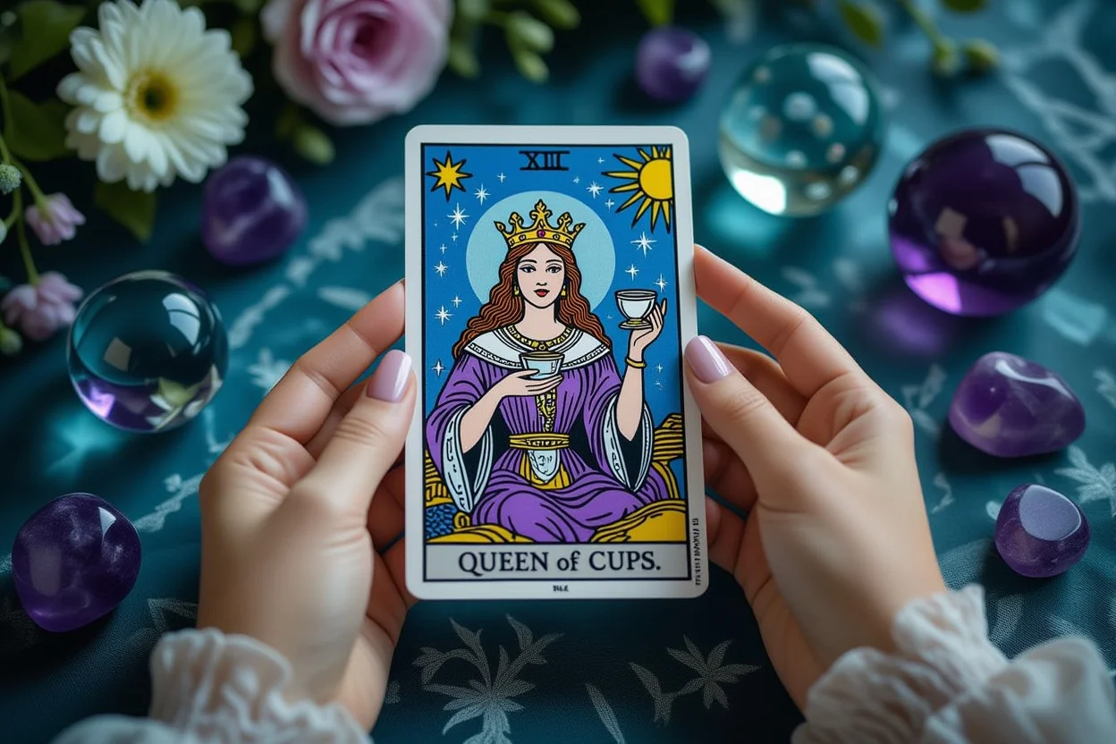 カップのクイーンタロットカードを持つ手、水晶玉とアメジストの背景