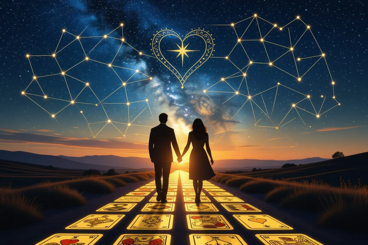 運命の愛を引き寄せるタロットカードの道、星空の下の二つのシルエット