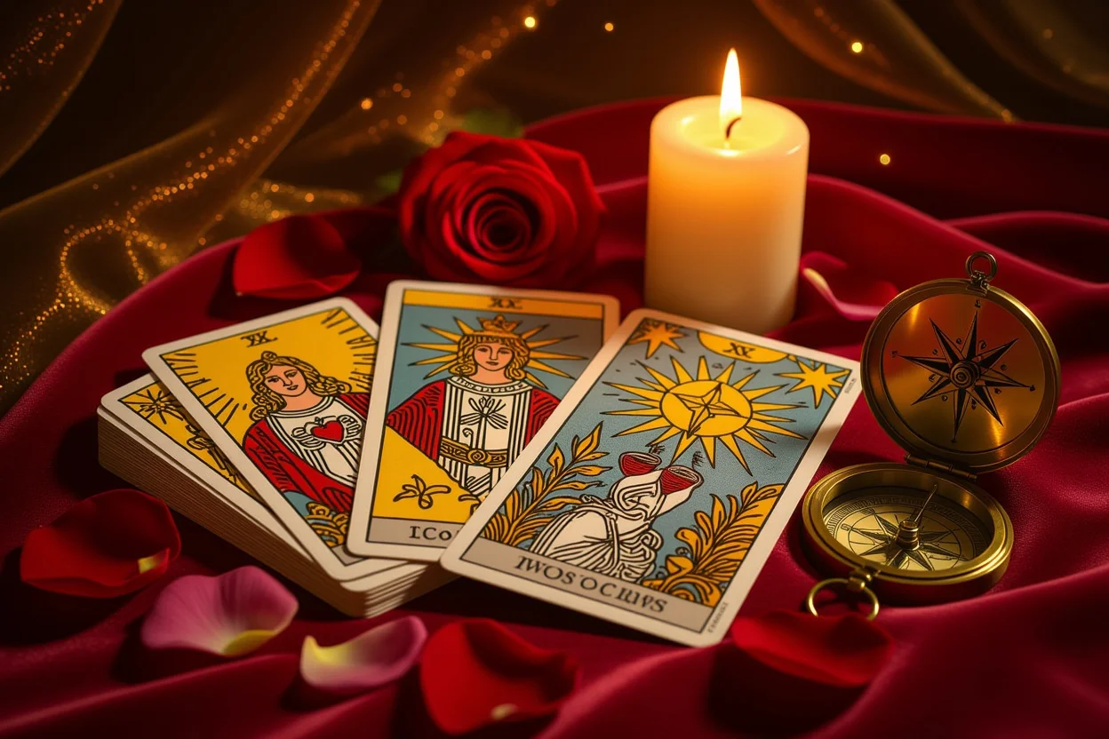 恋愛タロットカードと羅針盤が並んだロマンチックな占いの風景