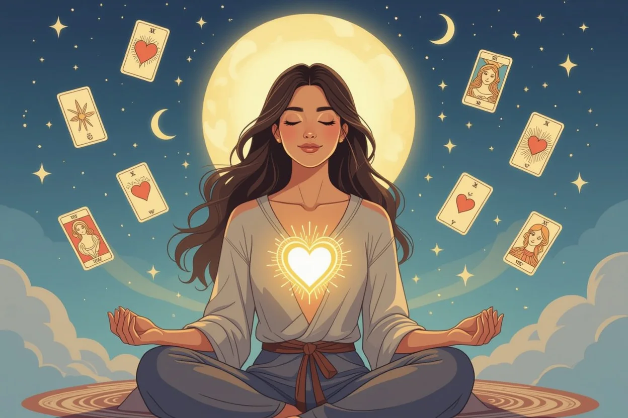 心の声に耳を傾ける女性と恋愛タロットの神秘的なイメージ