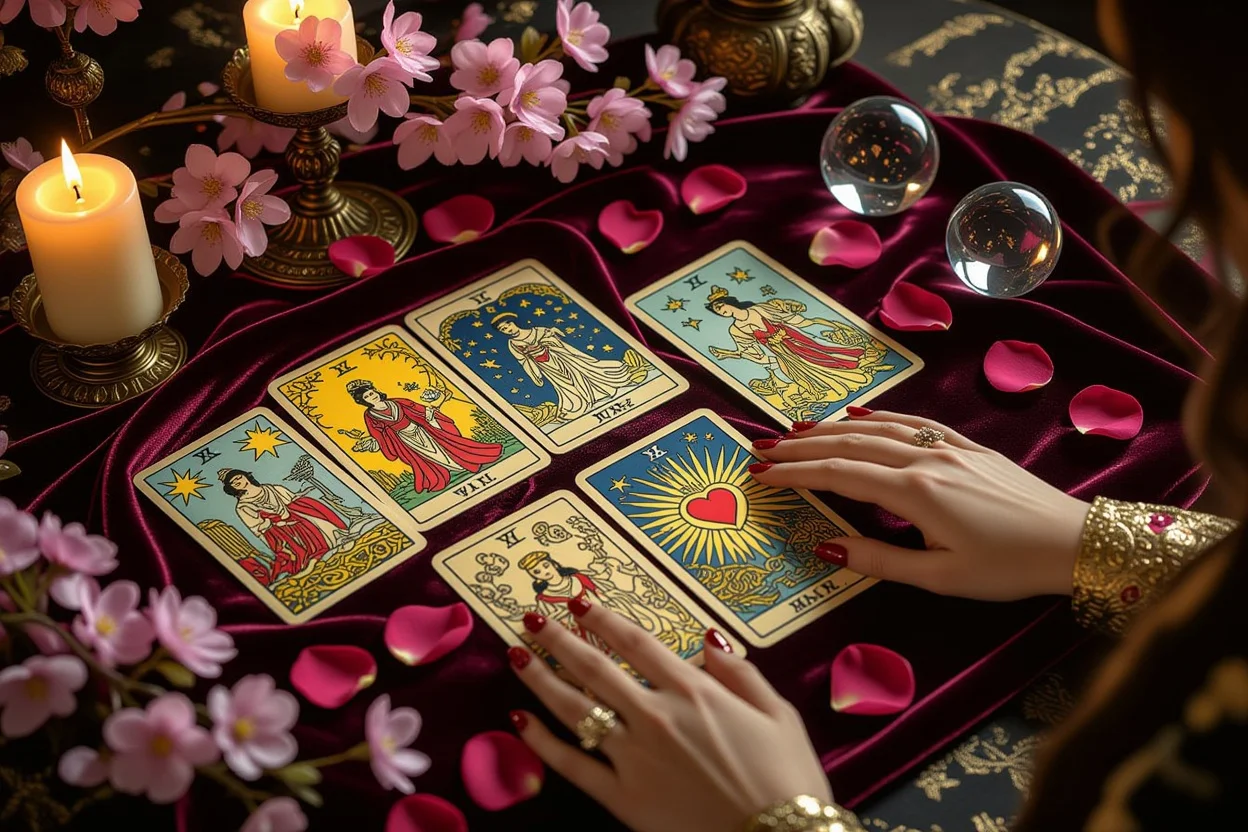 恋愛タロット占いの神秘的な雰囲気を表現した画像、キャンドルと薔薇の花びらに囲まれたタロットカード