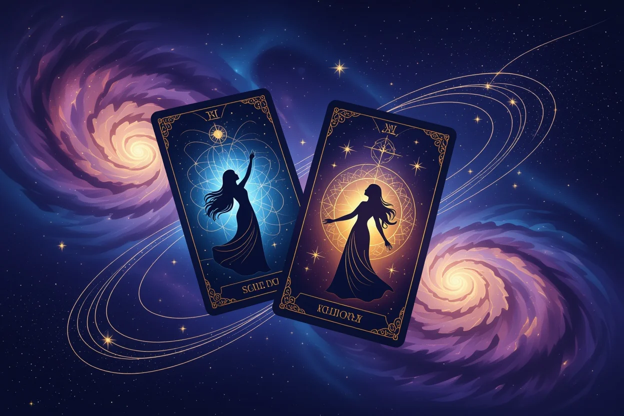 宇宙の愛の法則を表現したタロットカードと魂の繋がりを描いた幻想的な画像