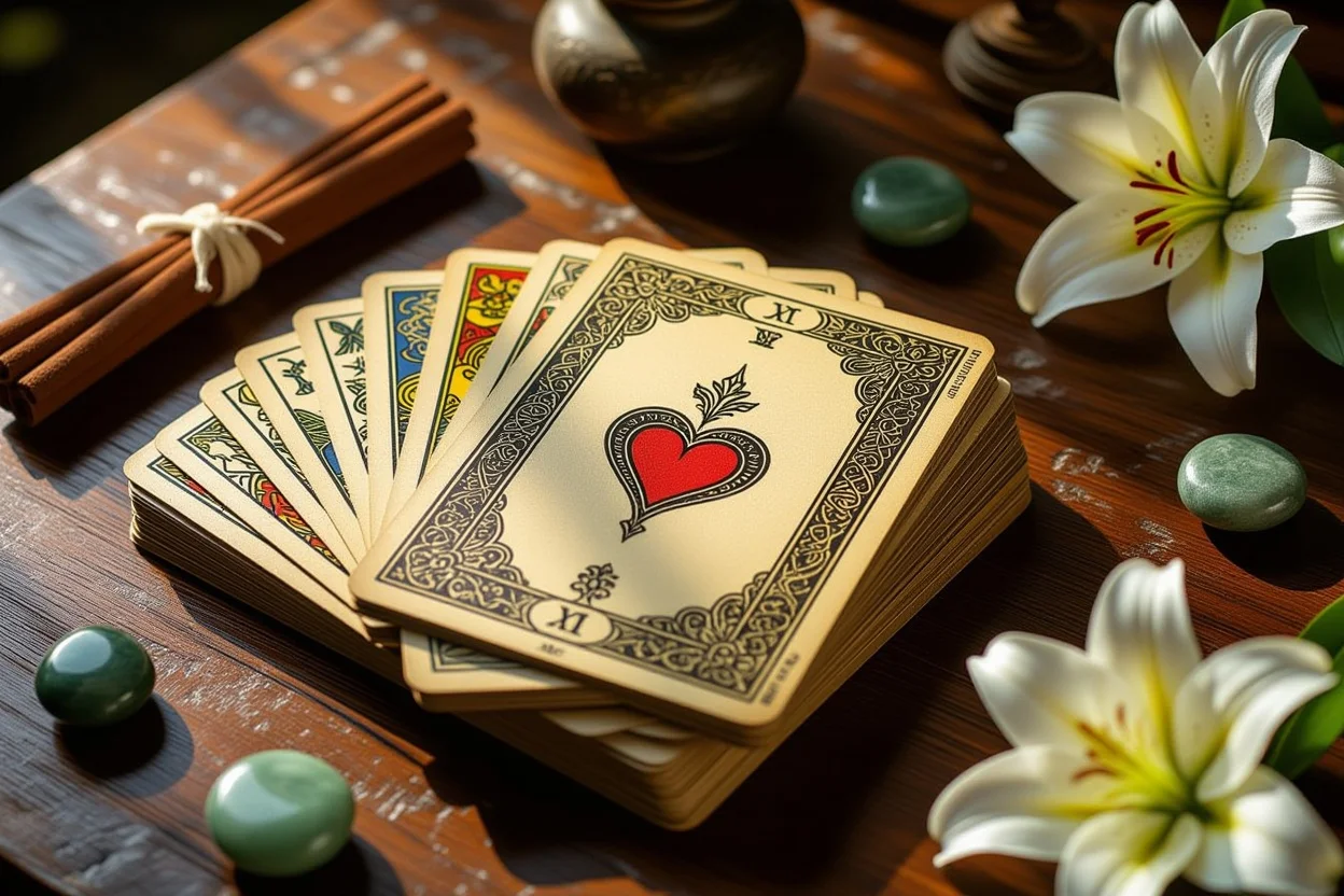 彼の本音を解き明かすタロットカードの詳細画像、和の要素を取り入れた神秘的な占いシーン
