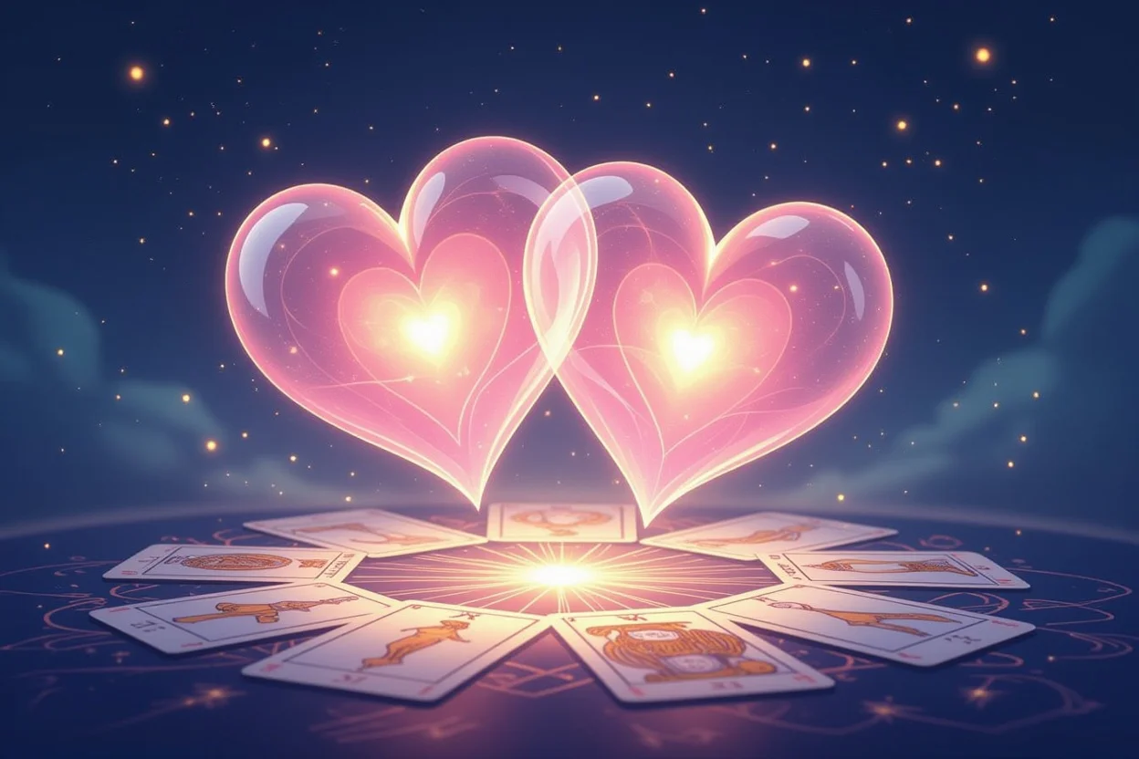 二つの魂の共鳴と愛の絆を表現したスピリチュアルなタロット画像、光る心と神秘的なカード