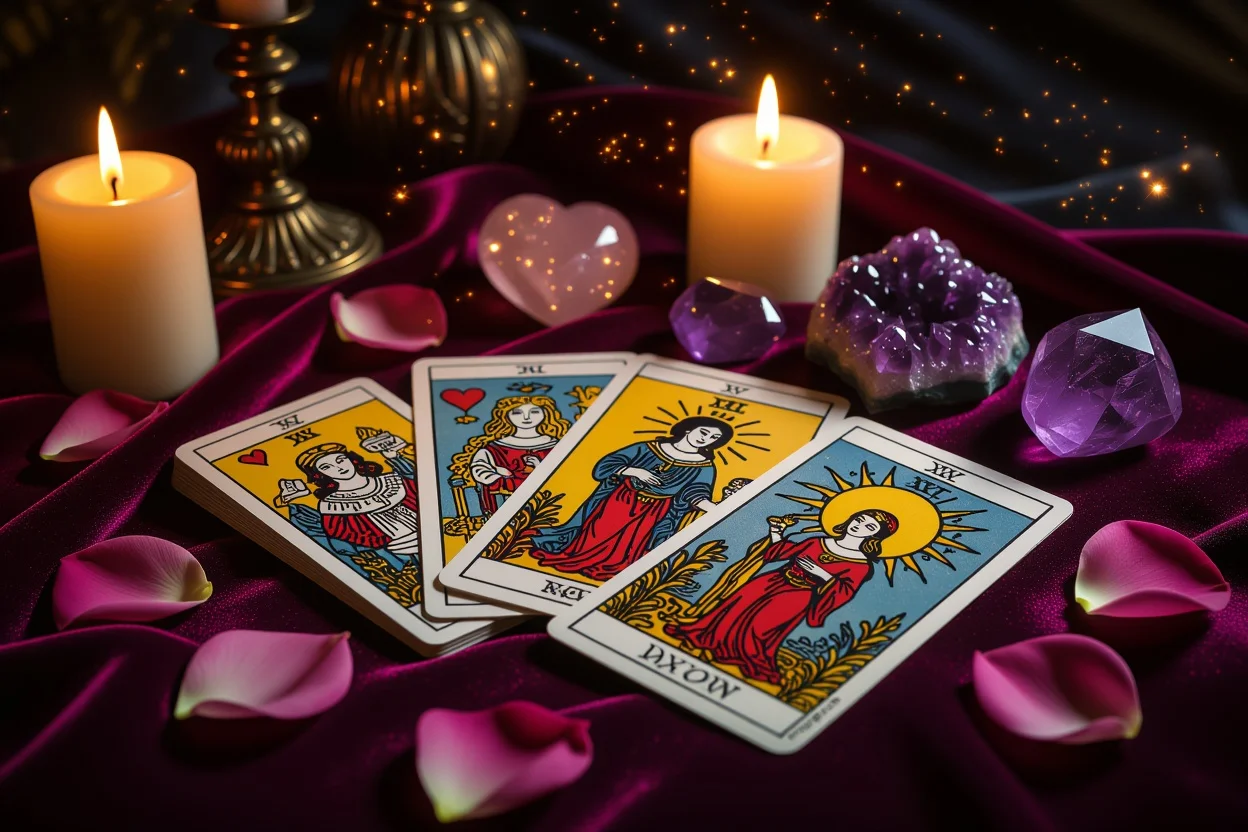 恋愛タロット占いのロマンチックな雰囲気の画像、キャンドルライトとバラの花びらに囲まれたタロットカード