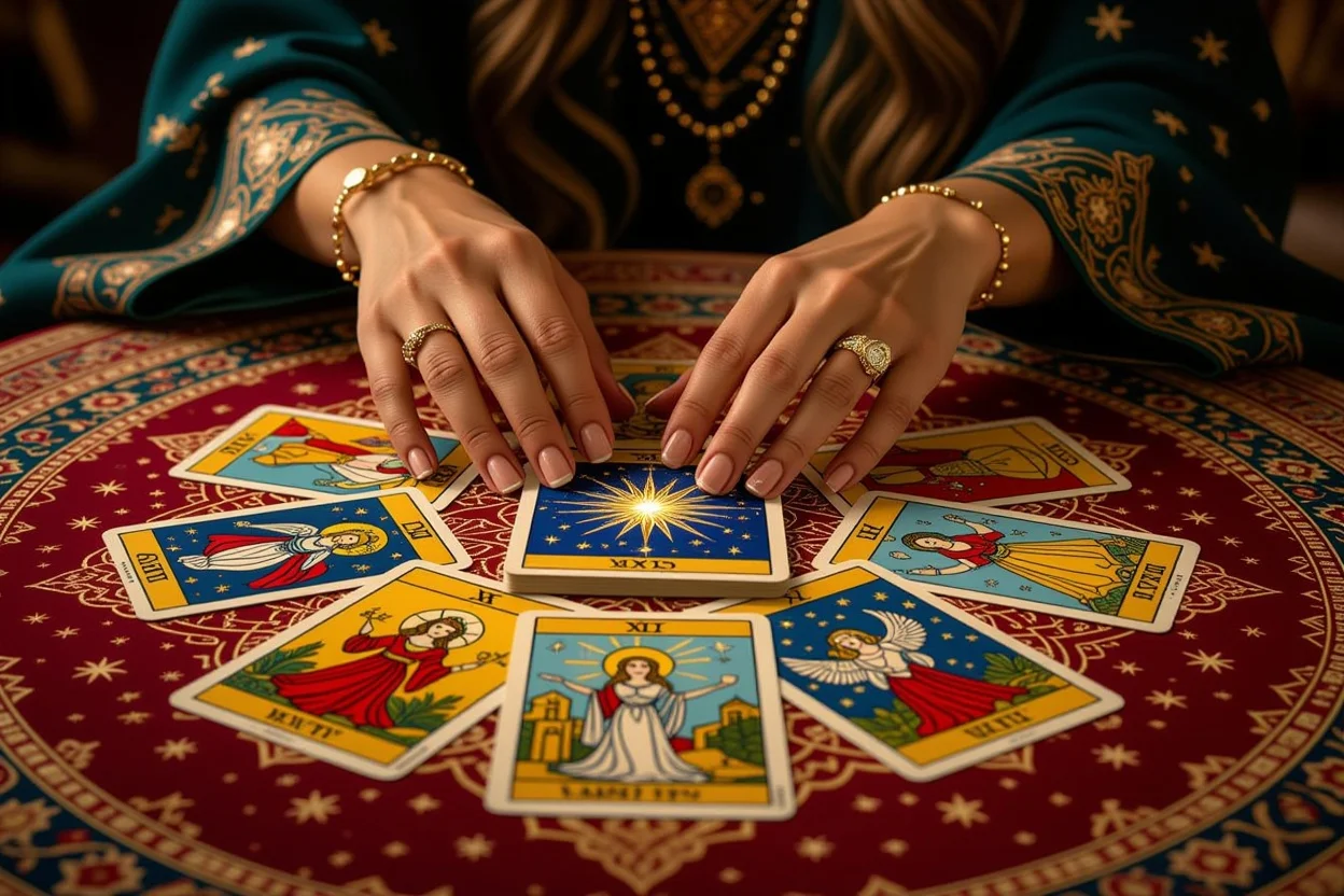 タロットカードを広げる手と恋愛占いのカードスプレッド、宇宙的な背景と神秘的な光
