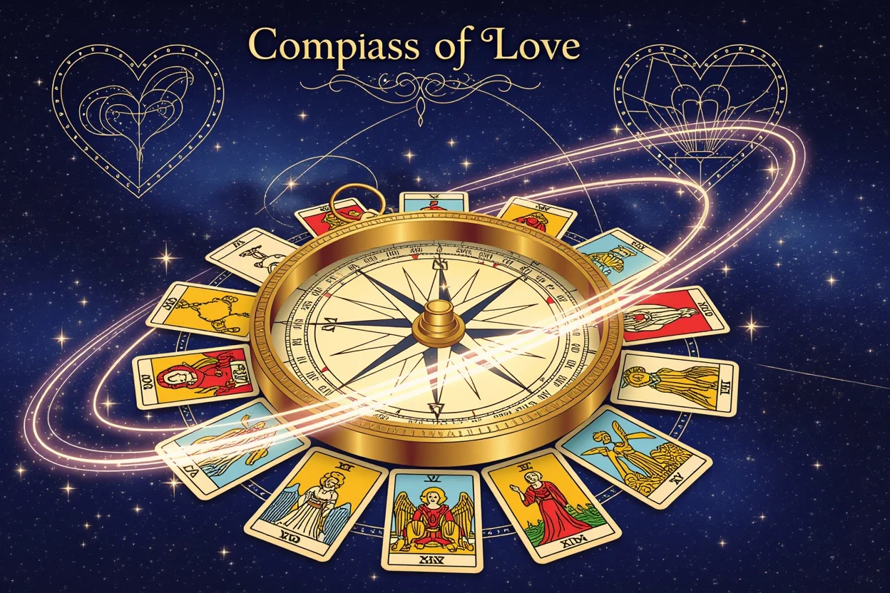 愛の羅針盤をイメージしたタロットシンボル入りコンパス、運命と恋愛指導を表現する神秘的なアート