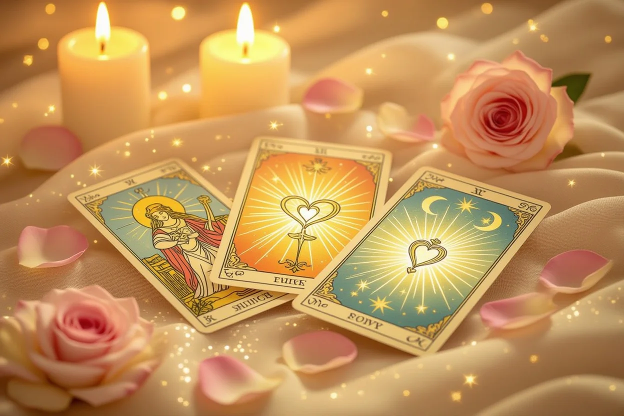 恋愛タロットカードが神秘的な光に包まれて浮かぶ幻想的なイメージ