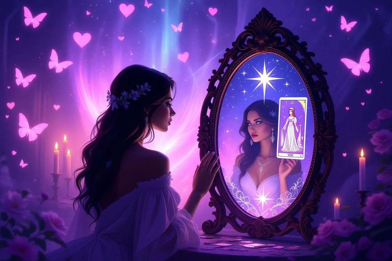 鏡に映るタロットカードを見つめる女性のシルエット、自己理解と内面の探求を表現