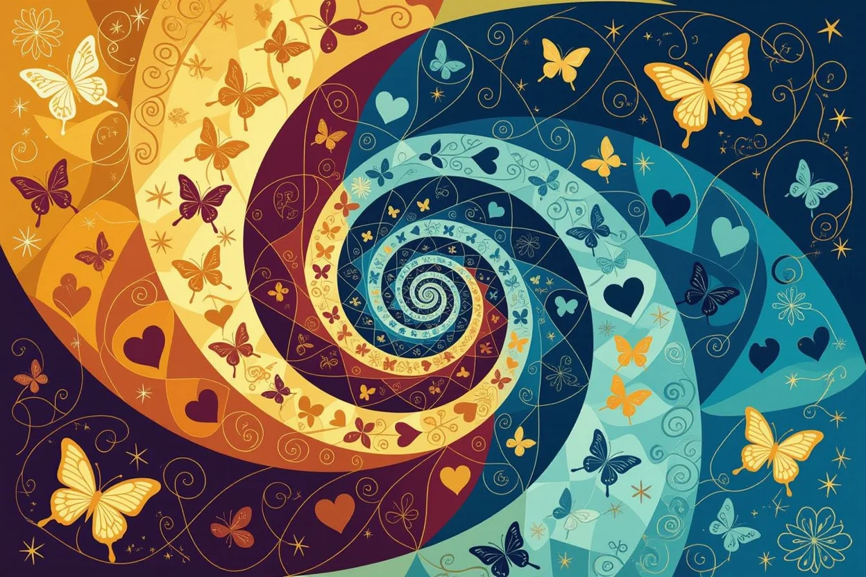 恋愛パターンの繰り返しから自由への変化を表現する螺旋とタロットカードのアート