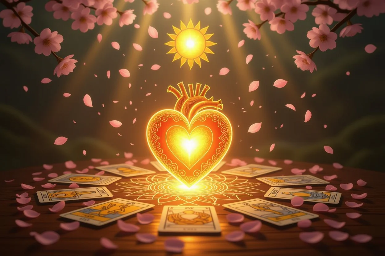 輝くハートチャクラとタロットカードに囲まれた真の幸せと自己愛の光