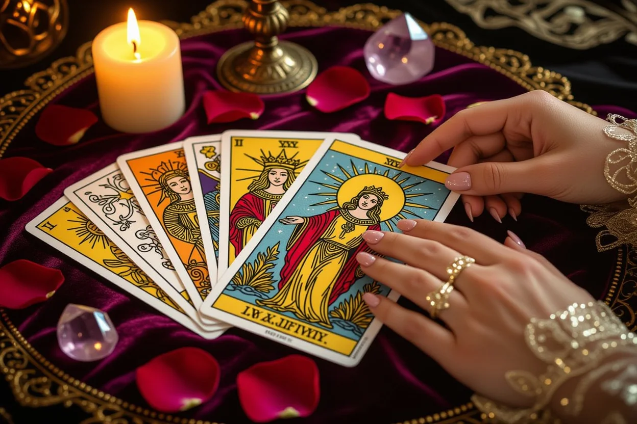 恋愛タロットカード占いのイメージ、ローソクの光とバラの花びらに囲まれた神秘的な雰囲気