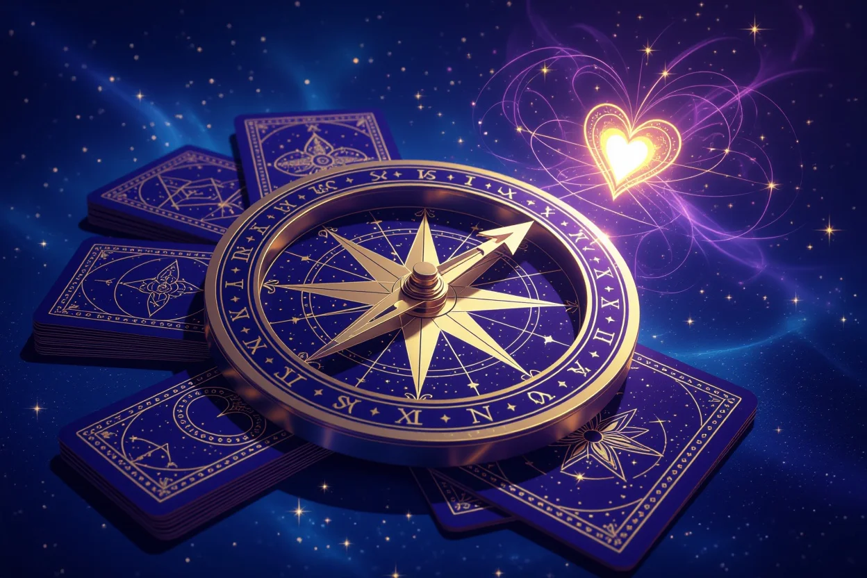 運命の羅針盤としてのタロットカード、星空に浮かぶ神秘的なコンパスと恋愛指針