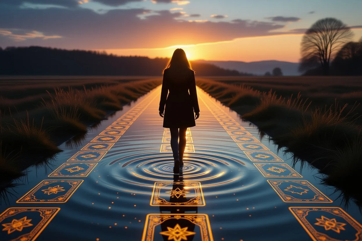 タロットの導きで行動を起こす人、光る道を歩む変化と成長のイメージ