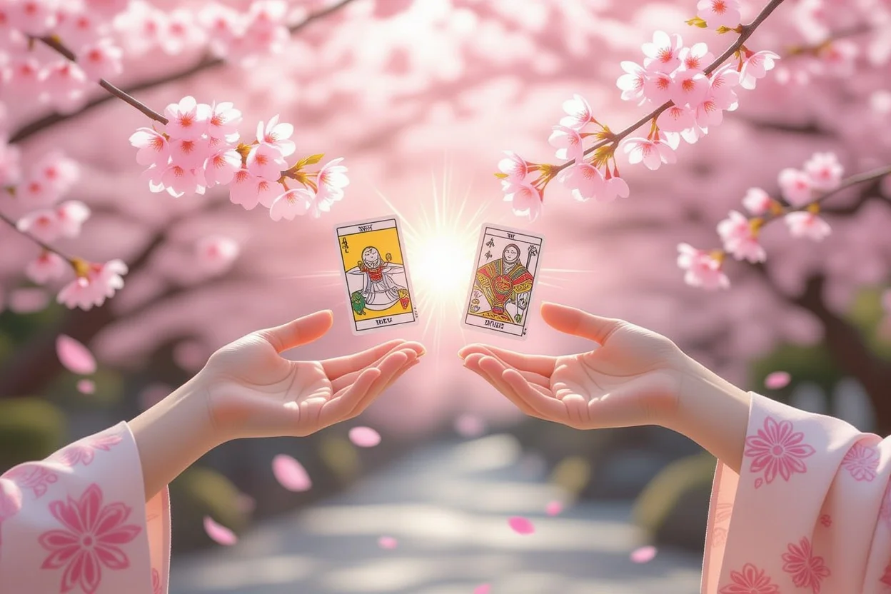 タロットで結ばれる二人の心、手と手を結ぶ恋愛の絆と理解を表現した幻想的なイメージ