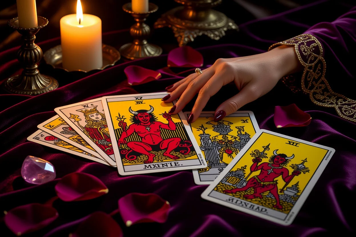 恋愛タロット逆位置の悪魔カードと神秘的なタロット占いの風景