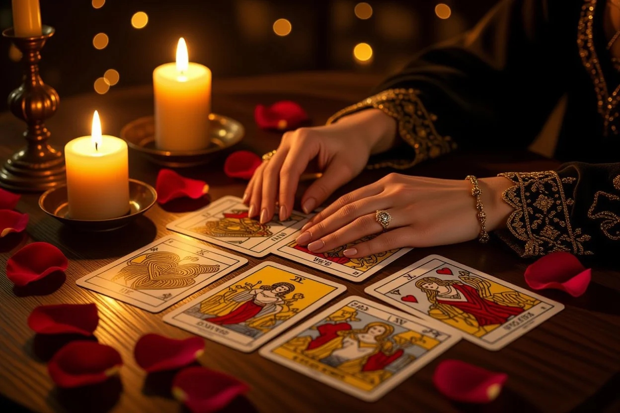 恋愛タロット占いの神秘的な雰囲気を表現した画像、キャンドルライトとタロットカード