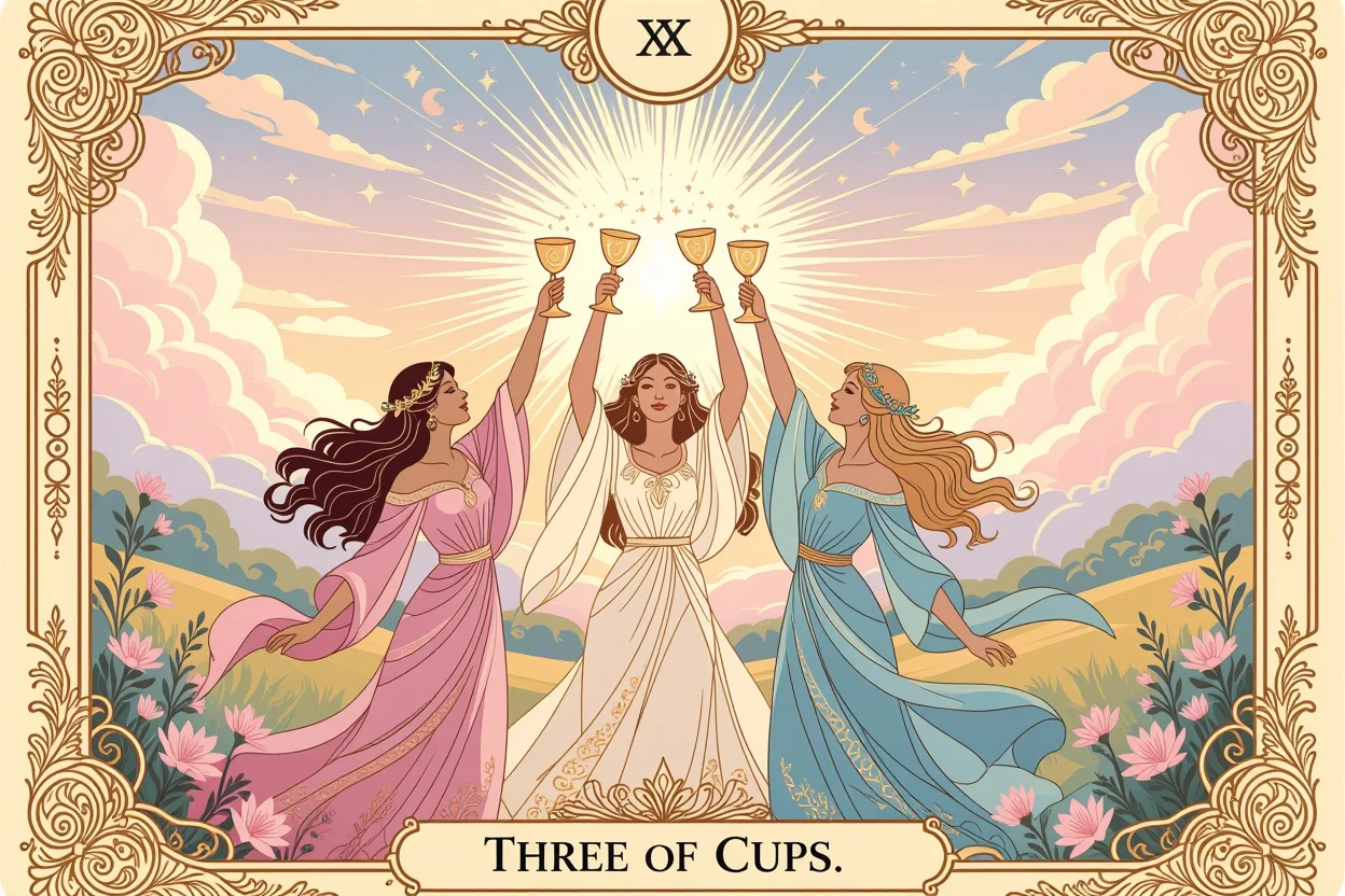 カップの3のタロットカード、感情の共有と喜びを表現した美しいイラスト