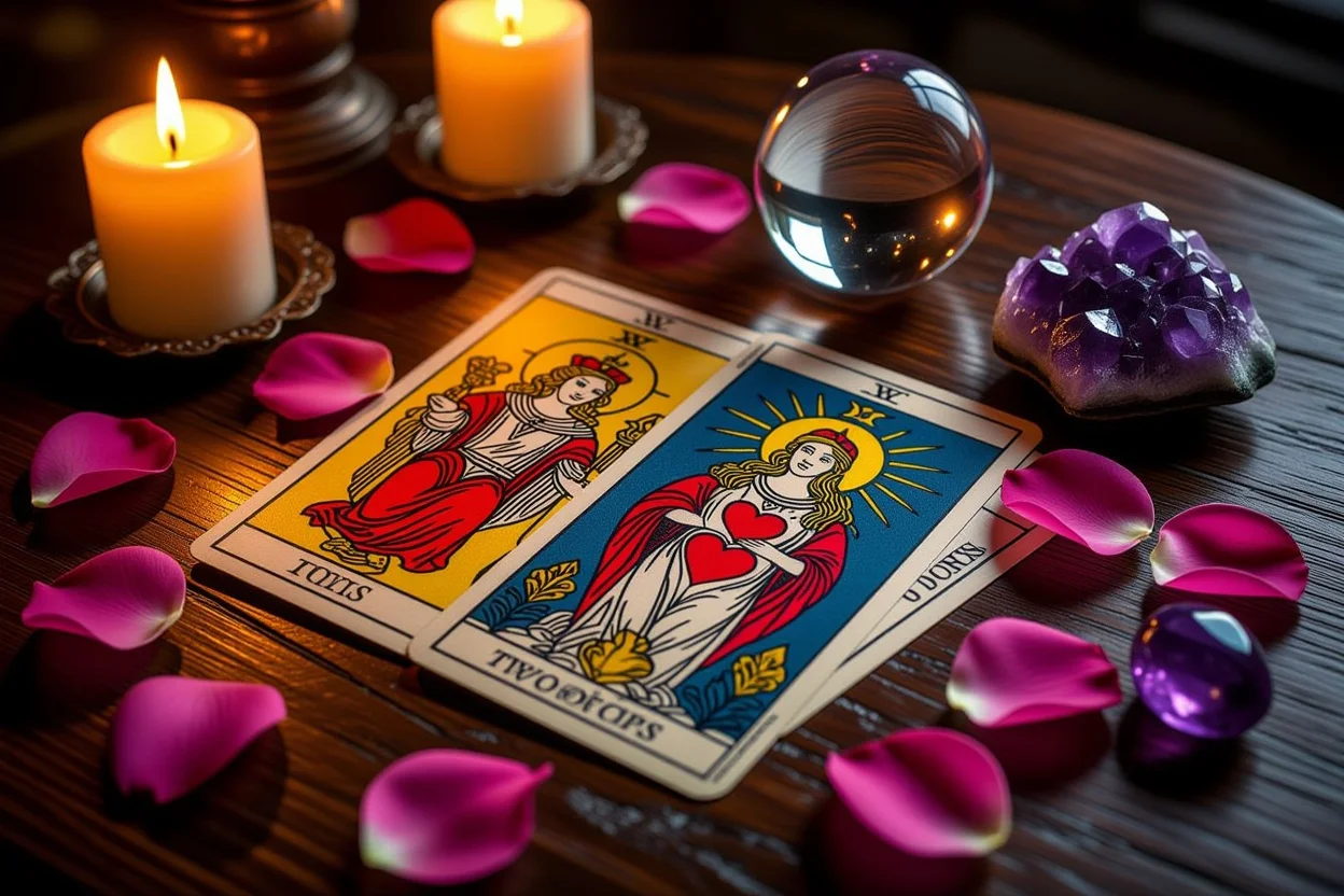 恋愛タロット占いのカードスプレッドとキャンドルの神秘的な雰囲気