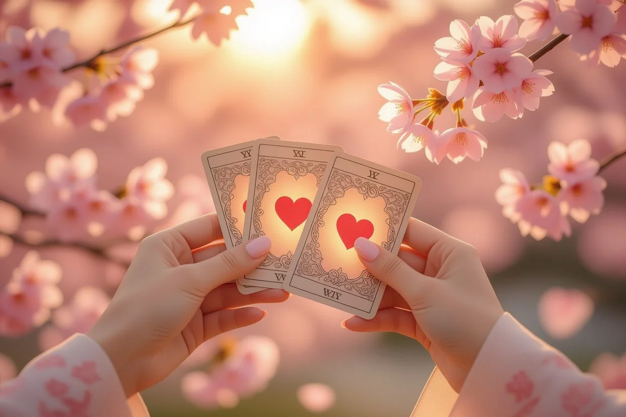 彼の本音を読み解くタロットカードを持つ手と桜の花びら