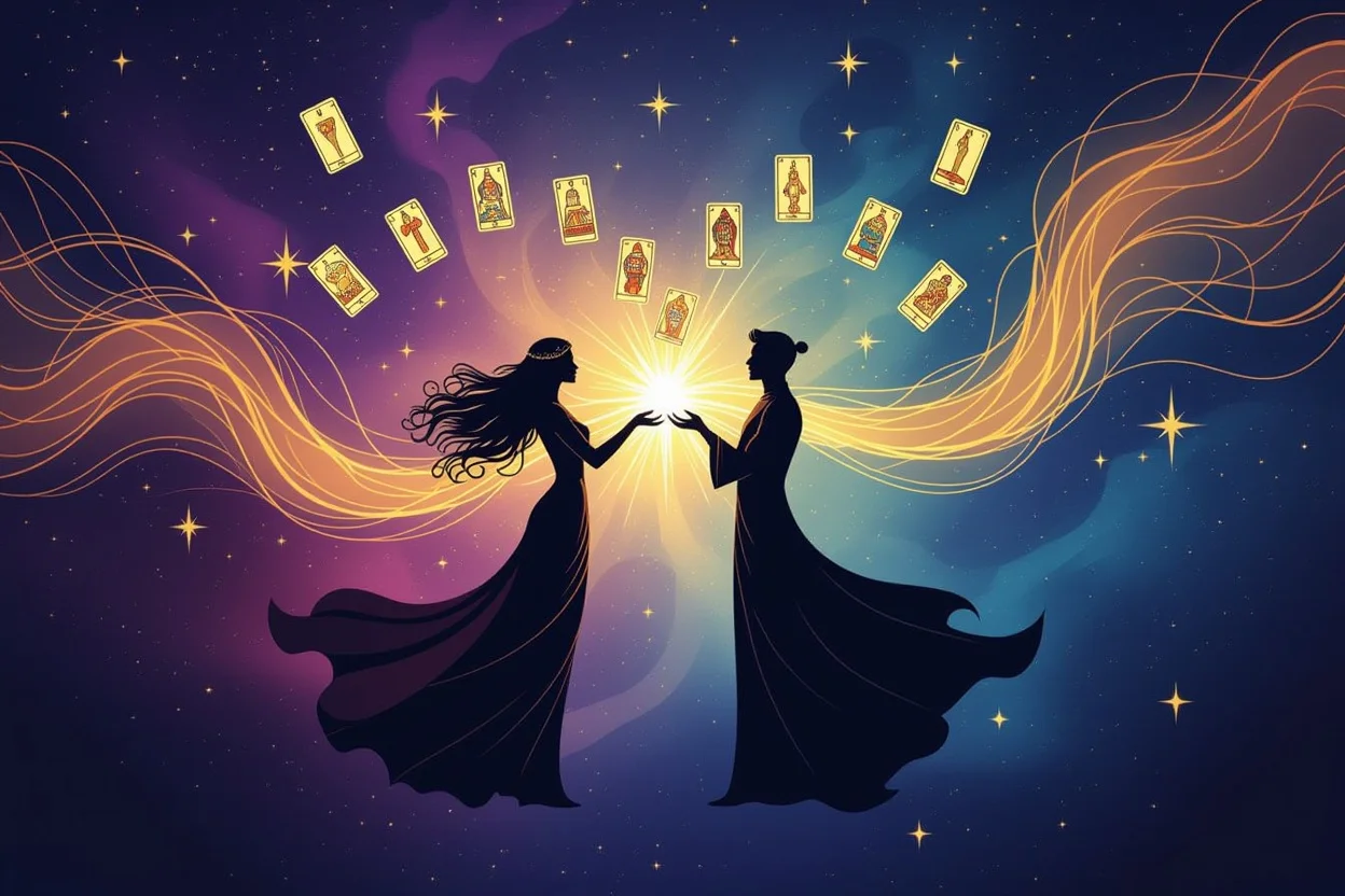 タロット占いで繋がる二人のシルエットと未来への導き