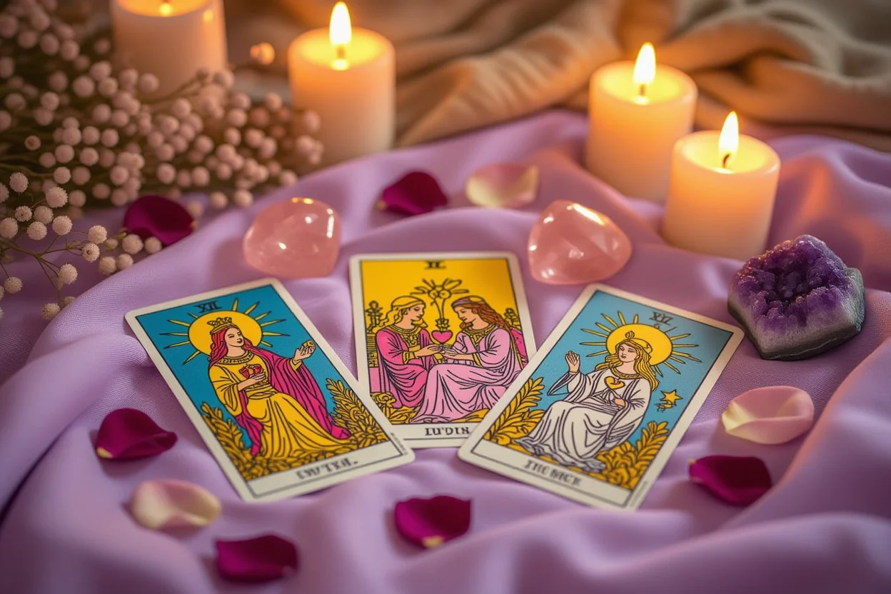 恋愛タロットカード3枚とローズクォーツクリスタルの神秘的なスプレッド