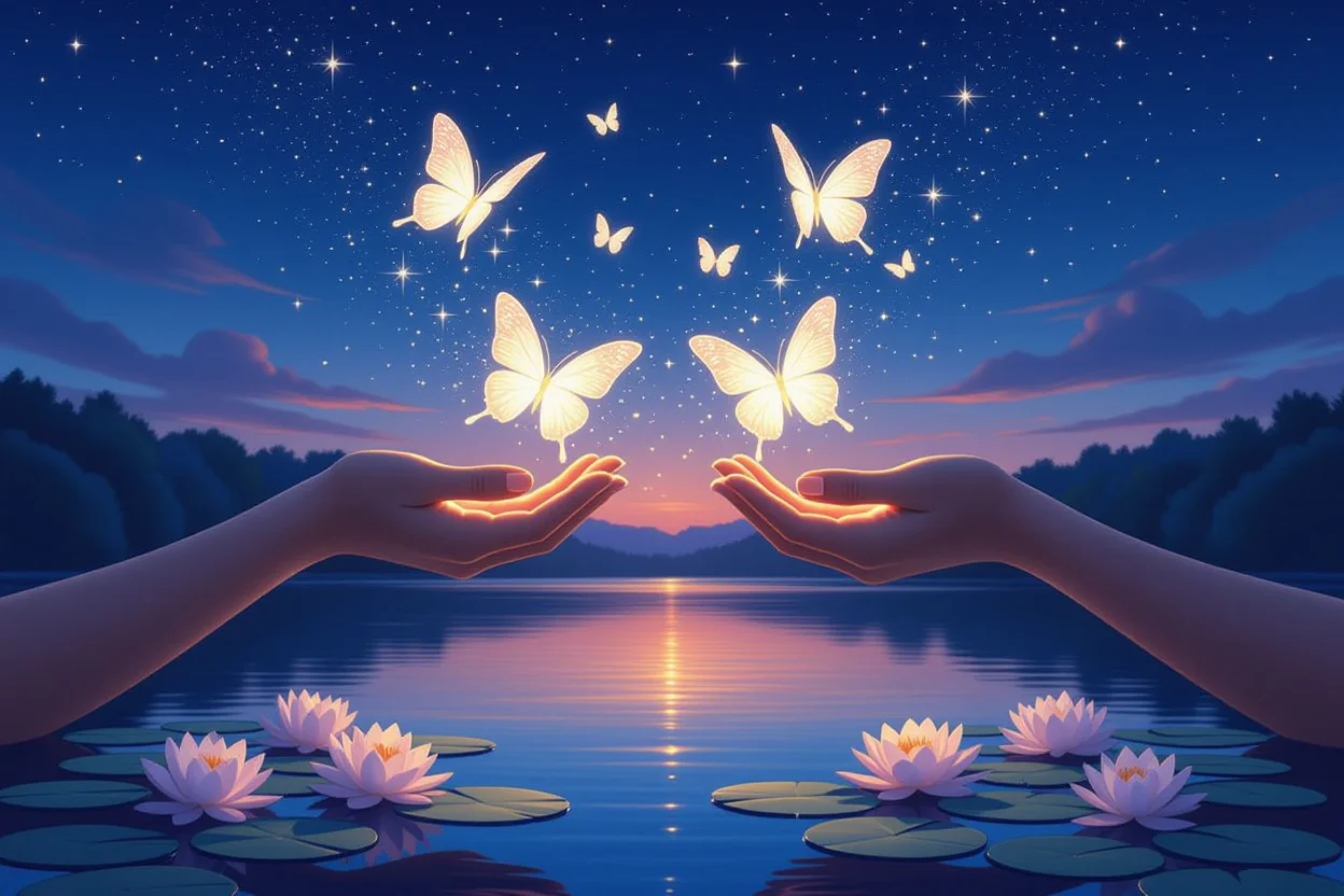 自然な愛の引き寄せを象徴する光る蝶と星座のロマンチックな合成画像