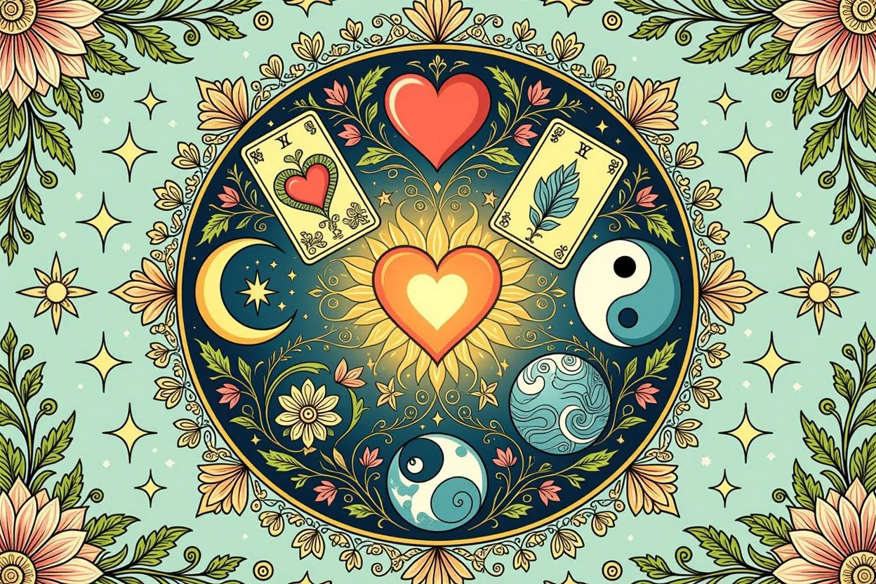 人生と恋愛の調和を表現するマンダラスタイルのスピリチュアルデザイン