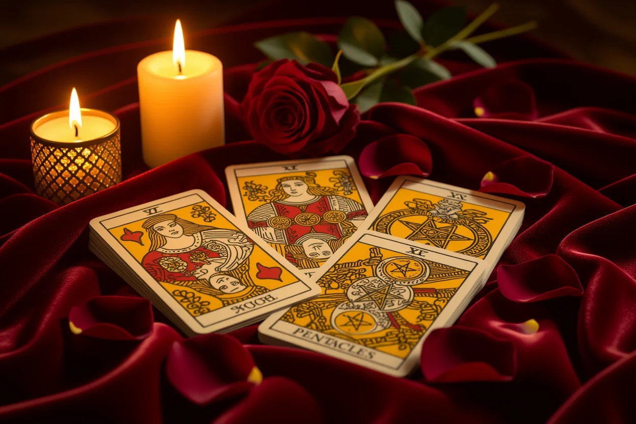 恋愛タロットカードとペンタクルスートで長続きする恋を占う神秘的なシーン