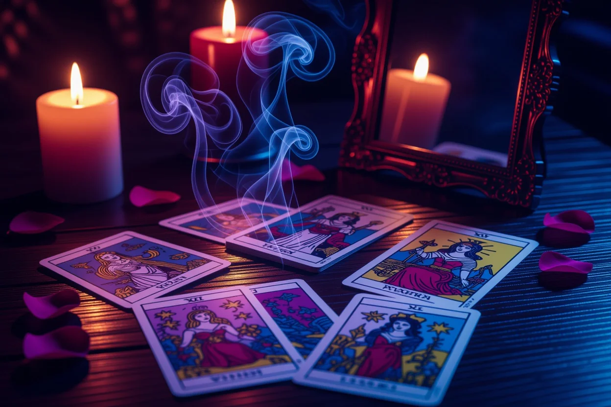 恋愛タロットカードと影の意味を表現した神秘的なタロット占いの風景