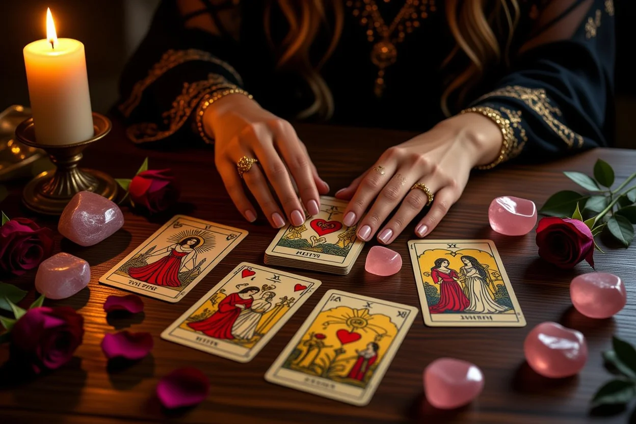 恋愛タロットカードリーディングの神秘的なシーン
