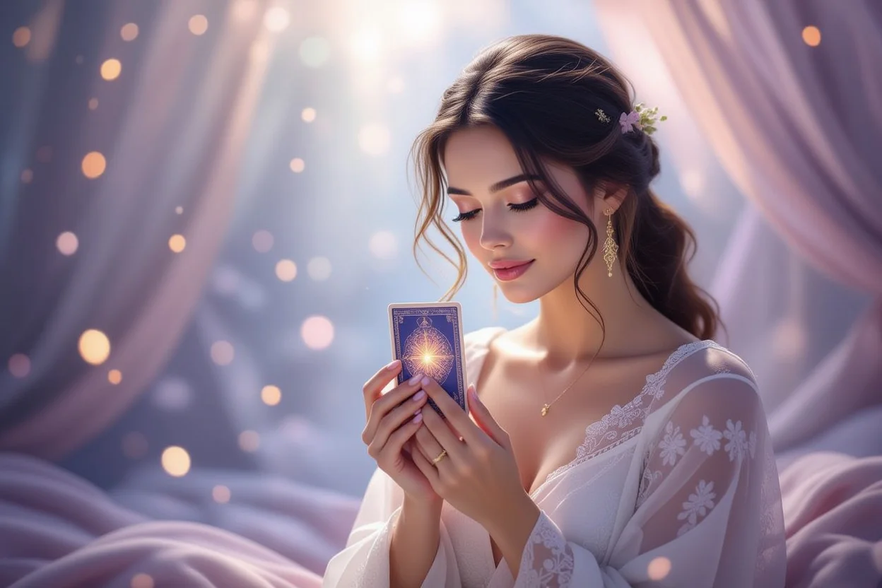 タロットカードで自己洞察をする女性の瞑想的な姿