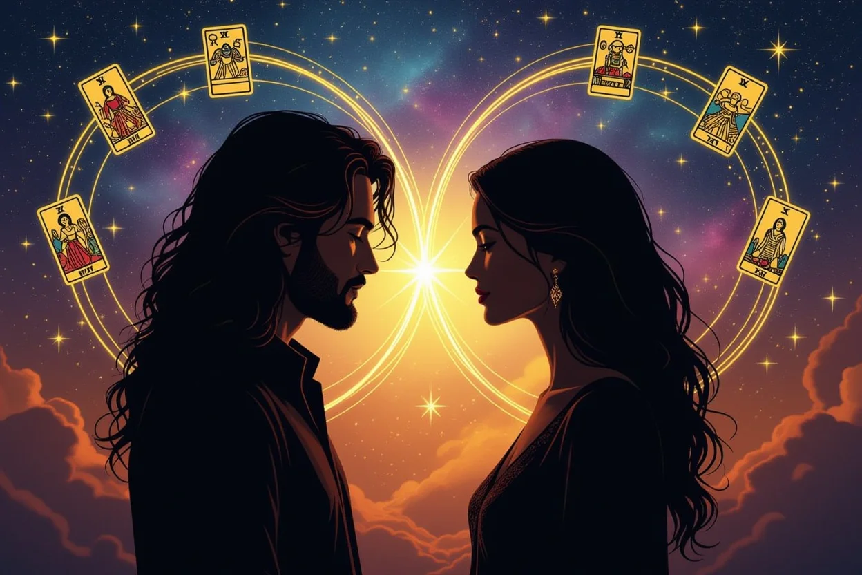 関係性の本質を表現するタロットアートと二人のシルエット