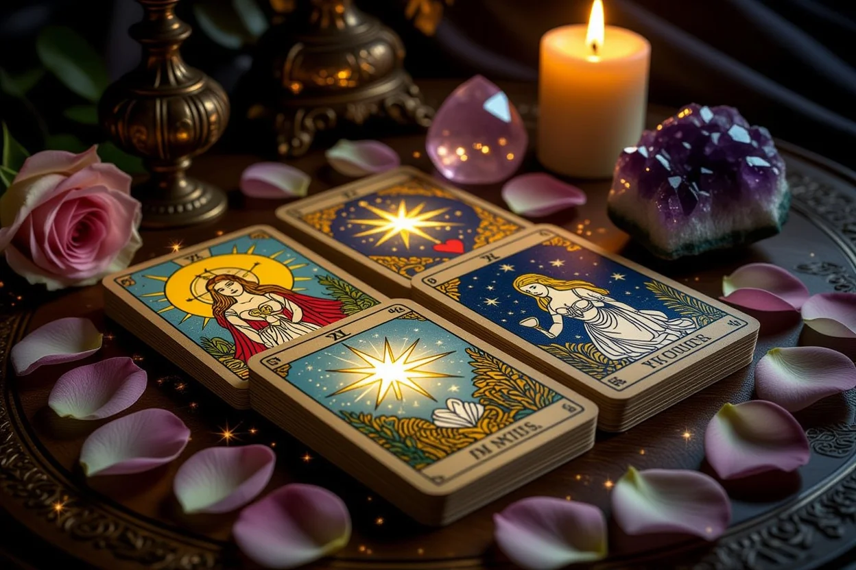 恋愛タロットカードと薔薇の花びら、運命の愛を引き寄せる神秘的なタロット占い