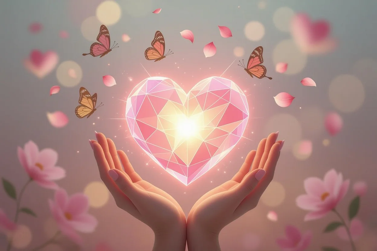 光る水晶のハートと恋愛タロットカード、運命の愛を引き寄せるスピリチュアルイメージ