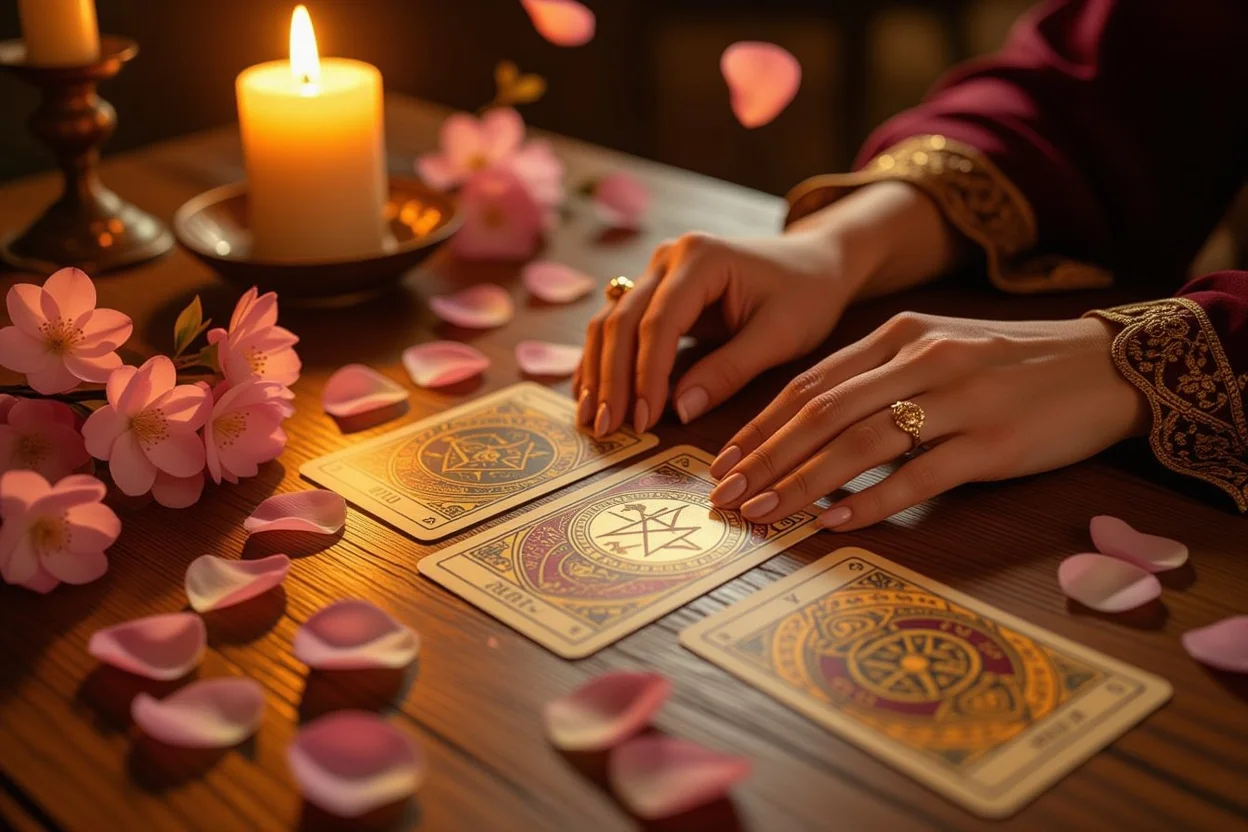 恋愛タロット占いのペンタクルカードと薔薇の花びらが散りばめられた神秘的なシーン